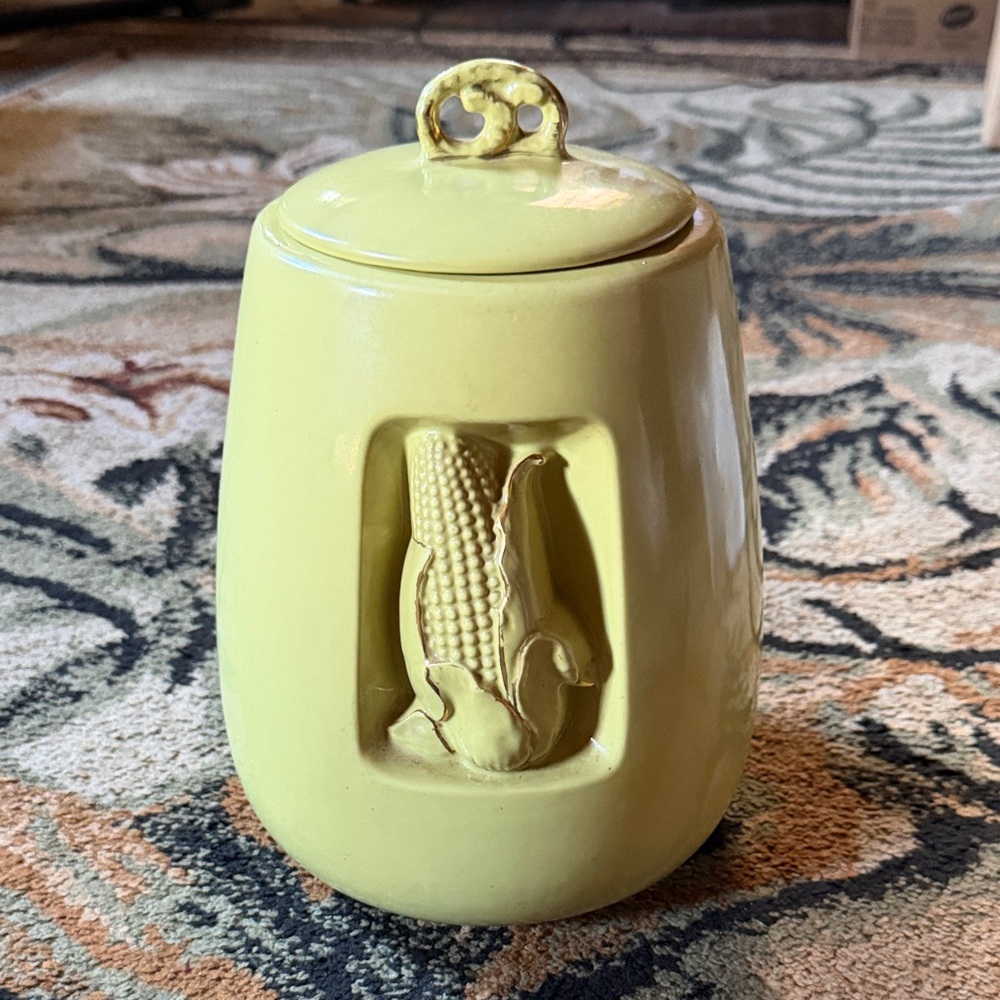 Rare Mid Centry Green Ceramic Cookie Jar with Gold Accent Corn Flour Jar
